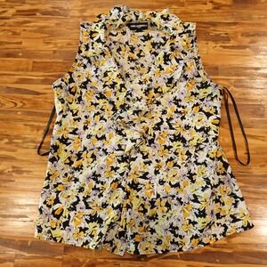 Karl Lagerfeld Paris Blouse Women Small Yellow & White Floral Sleeveless Ruffle